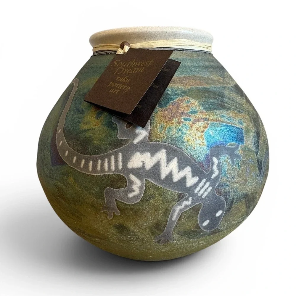 Jeremy Diller Southwest Dream Raku Pottery Lizard Vase Iridescent Hand Thrown 8